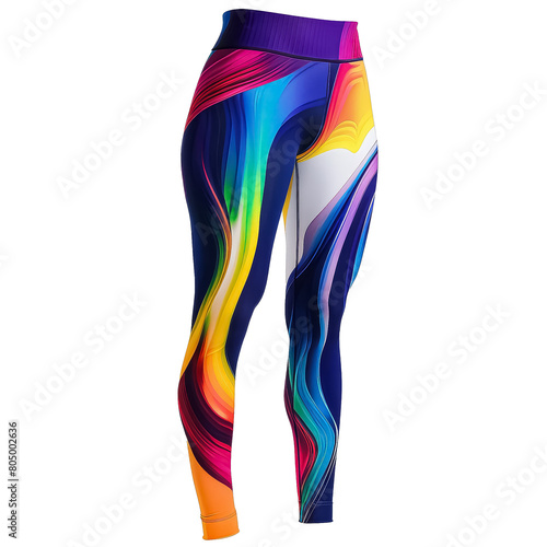 A woman is wearing colorful leggings with a rainbow pattern