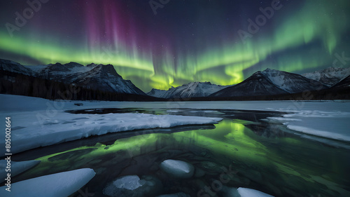 Aurora borealis over a frozen lake.