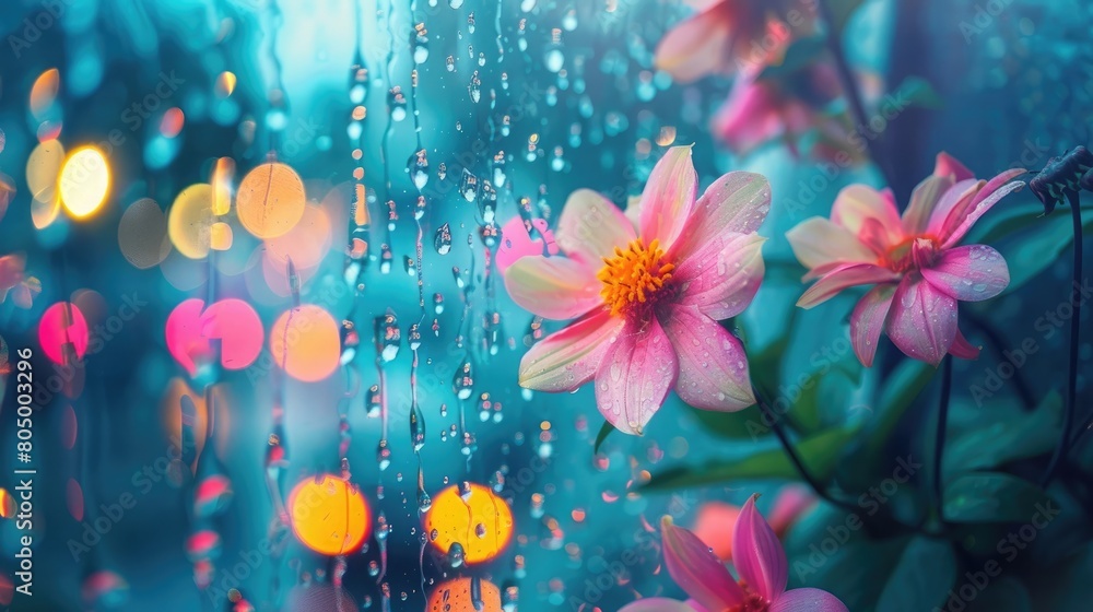 Vibrant flowers on rainy window with bokeh lights