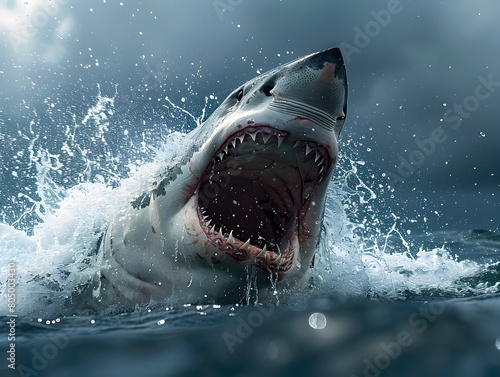 Majestic Great White Shark Breaching the Ocean Surface with Powerful Jaws Open in a Fierce Display