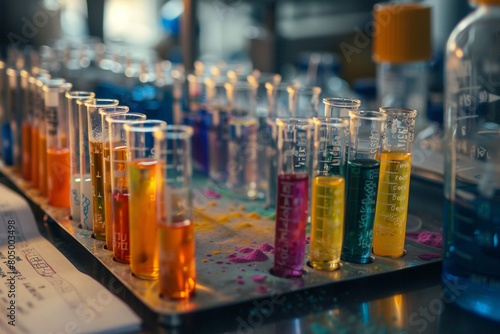 Biochemistry experiment in detail, test tubes with colorful compounds, digital notes on the side  photo