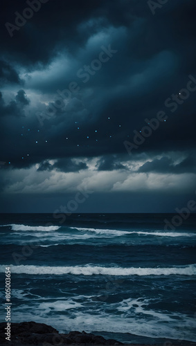 Dark Mystery, Horror Theme with Black and Blue Sky, Haunted Clouds, and a Scary Ocean, Emanating a Gloomy, Depressing Aura.