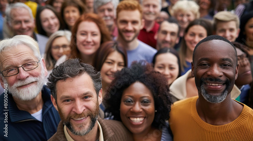 From directly above multi ethnic large group of people looking at camera