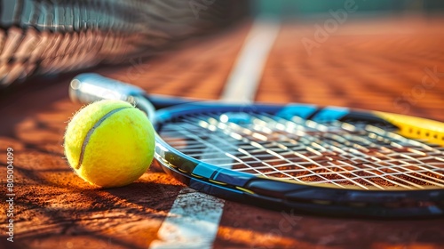 Close-up view of tennis ball with racket on clay court. Sports equipment captured in vibrant colors on sunny day. Ideal for sports themes and active lifestyle visuals. AI