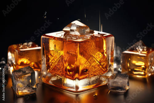 Ice cube in whiskey texture background, macro close up of Ice cubes in glass of whiskey or another alcohol,Crystal design 