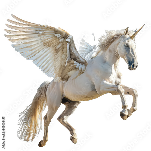 A white unicorn with wings flying in the air