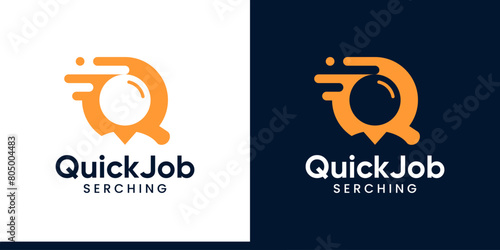 Quick job logo design. People recruitment logo with fast and magnifying glass. Find job logo design graphic symbol icon vector.