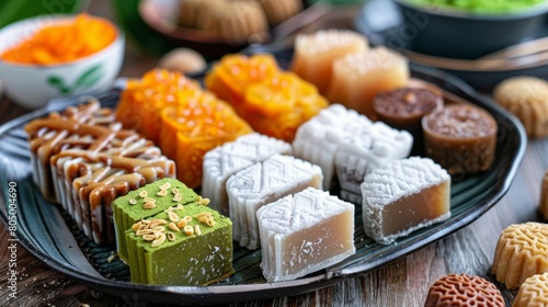 Highlight the sweet and delicate taste of various kuih desserts photo