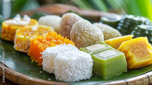 Highlight the sweet and delicate taste of various kuih desserts photo