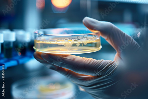 Biotechnology breakthrough, close-up of a hand holding a petri dish with new compound samples, copy space  photo