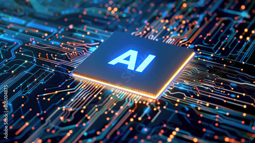 Artificial intelligence chip concept attached to digital circuit board, Generative Ai illustration photo