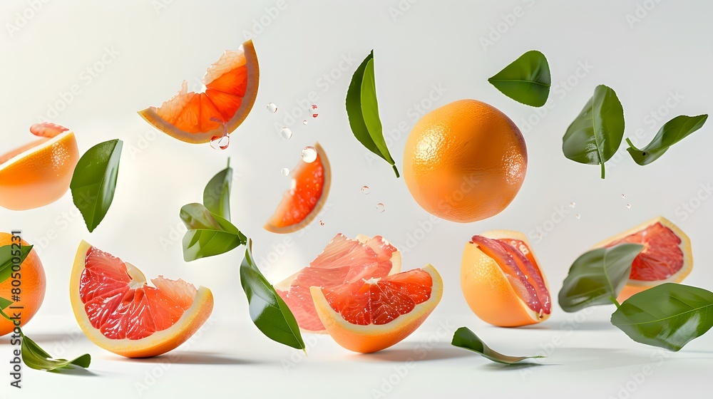 Fresh Citrus Fruit Slices Suspended in Mid-Air, Bright Colorful Grapefruit Segments on White Background, Dynamic Food Photography with Copy Space. AI