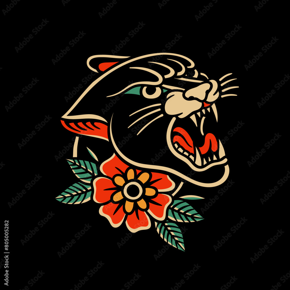panther old school tattoo with rose