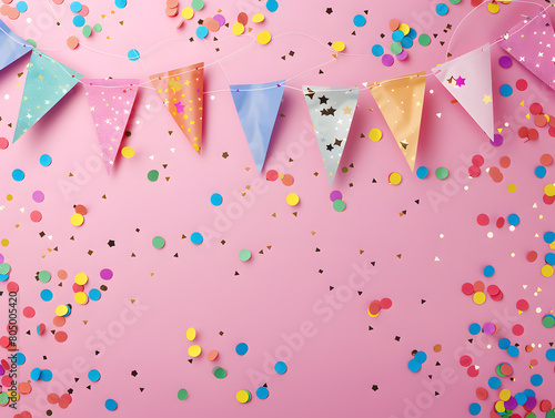 Colorful party flags and confetti on pink background. celebrations and parties. Vector illustration banner surprise.