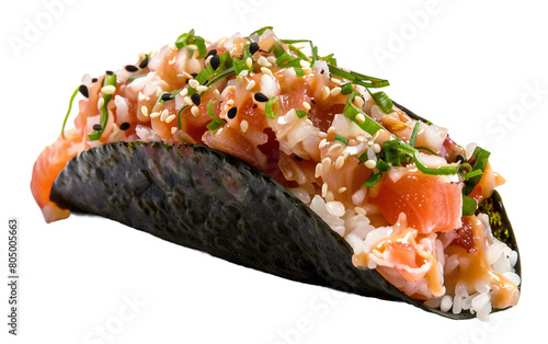 Japanese Sushi Taco with Sushi Rice and Raw Fish Isolated on Transparent Background PNG.