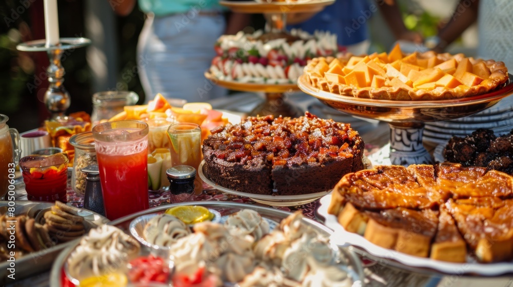 Fototapeta premium A close-up of a table overflowing with traditional Juneteenth dishes like barbeque, red velvet cake, and sweet potato pie