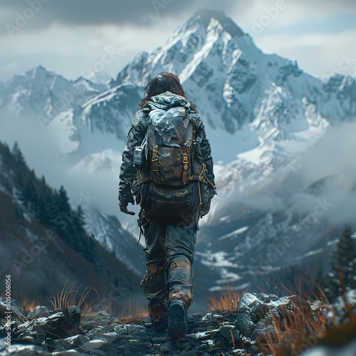 Rugged Hiker Ascending Dramatic Mountain Trail with Craggy Peaks in the Cinematic Background