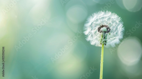 White dandelion flower on green background closeup