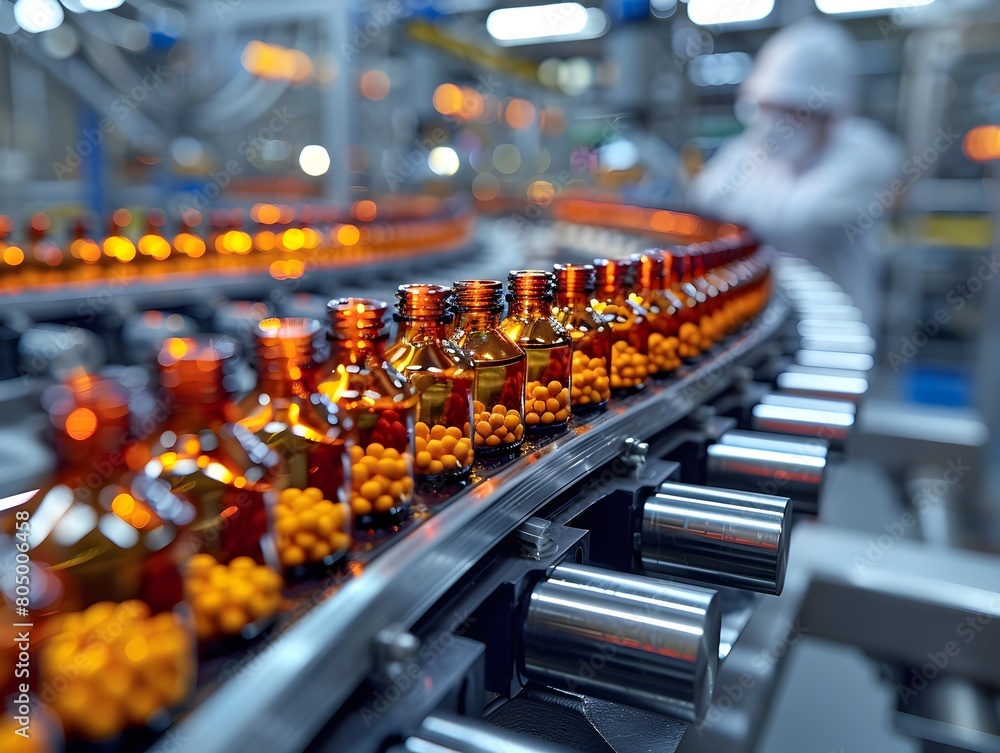 Obraz premium Automated Pharmaceutical Production Line with Scientist Examining Medical Vials