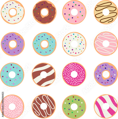 Donuts, large set of vintage donuts isolated on a white background. Vector, cartoon illustration.