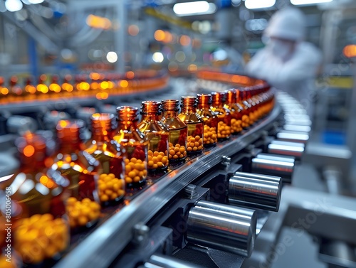 Automated Pharmaceutical Production Line with Scientist Examining Medical Vials photo