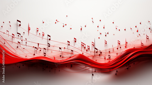 Musical wave background with shiny musical notes over red color background. Paper art.