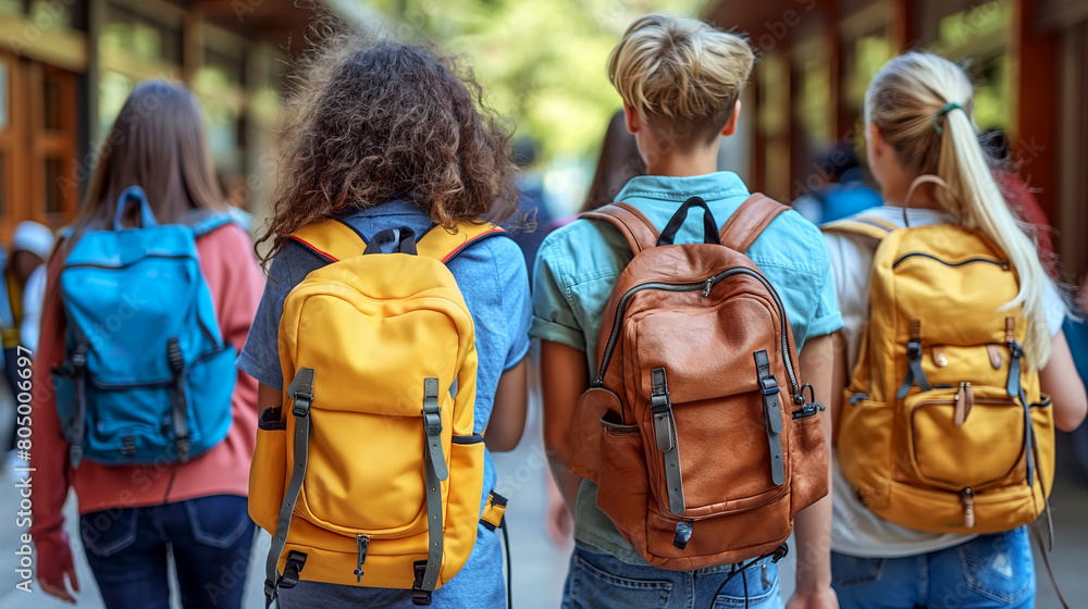 Teenagers go to school. Back to school. View from back Teenagers go to school. Back to school. View from back