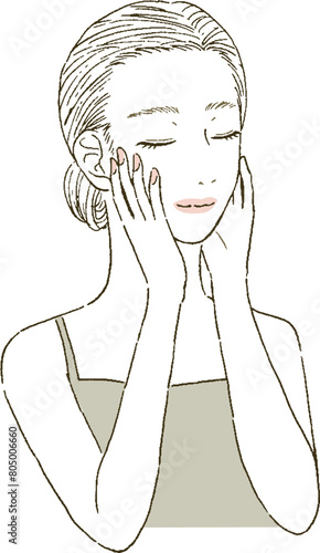 ビューティー　目を閉じて顔に手を当てる女性の上半身のイラストレーション