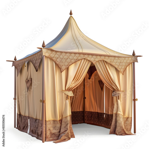 High-detail 3d illustration of an opulent medieval-style royal tent isolated on a white background