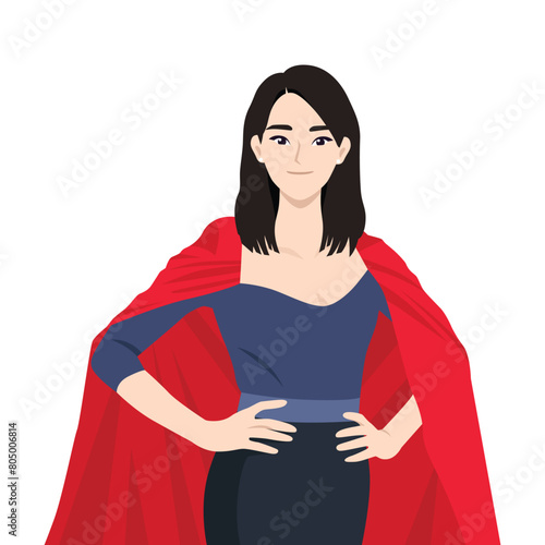 Beautiful young asian woman in superhero costume and cape. Flat vector illustration isolated on white background