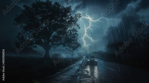 A  lightning striking a tree near a car traveling on a dark  rain-soaked road 
