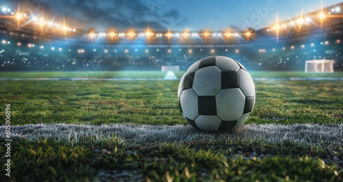 A realistic photo of a soccer ball on the field of a stadium with bright lights illuminating the playing area and enthusiastic fans visible in the background.This dynamic image captures the excitement