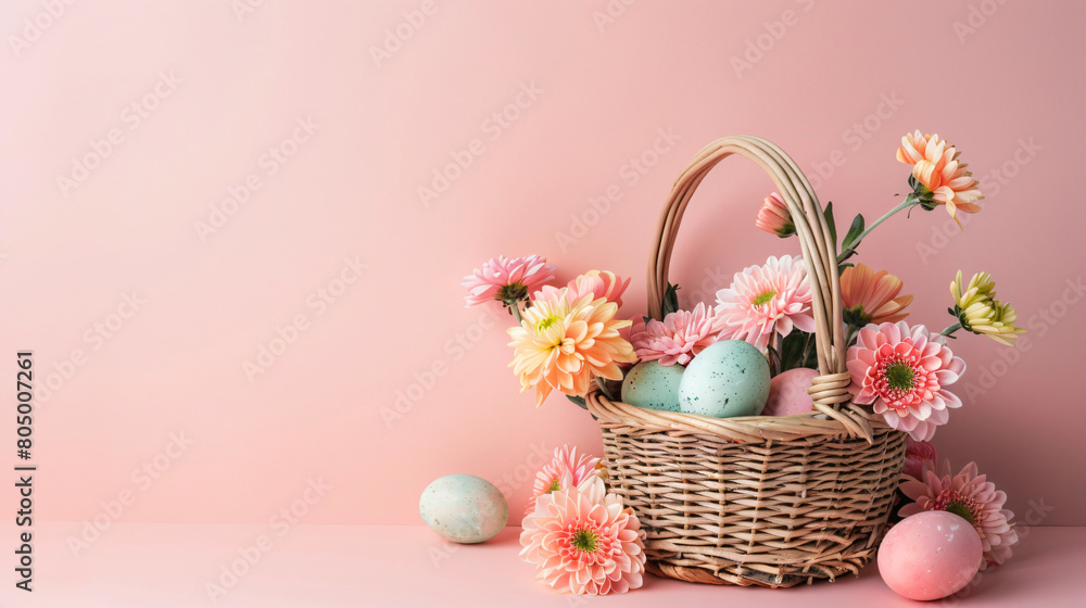 Wicker basket with chrysanthemum flowers and painted 