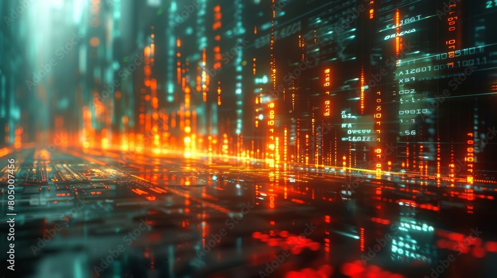 Dynamic digital landscape with illuminated data stream lines and code on a matrix-style background, representing high-tech computing
