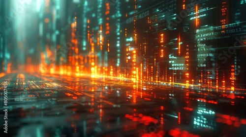 Dynamic digital landscape with illuminated data stream lines and code on a matrix-style background  representing high-tech computing