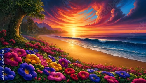 Fototapeta Naklejka Na Ścianę i Meble -  Watercolor painting of Aubretia poppies flowers on a beach at sunset