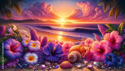 Fototapeta Naklejka Na Ścianę i Meble -  Watercolor painting of Hibiscus and Plumer flowers on a beach at sunset