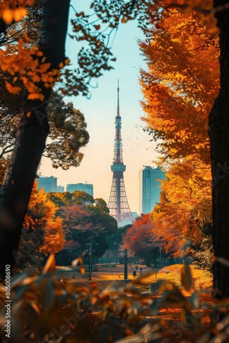 View of Tokyo Tower through autumnal trees  Shiba-koen  Minato  Tokyo  Honshu  Japan