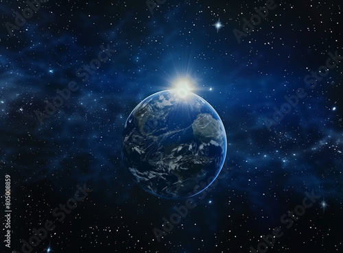 The background image features the Earth with the sun rising in the center  set against a backdrop of stars in a cinematic style. The Earth is depicted with vivid colors and dynamic lighting