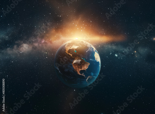 The background image features the Earth with the sun rising in the center  set against a backdrop of stars in a cinematic style. The Earth is depicted with vivid colors and dynamic lighting