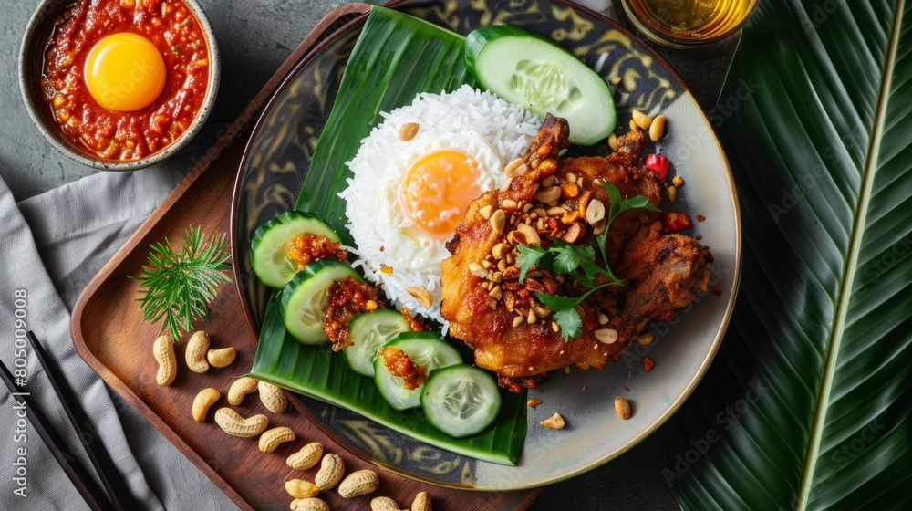 A steaming plate of fragrant nasi lemak (coconut rice) served with fried chicken, sambal, cucumber slices, a fried egg, and roasted peanuts. Capture the vibrant colors and textures on a banana leaf. A steaming plate of fragrant nasi lemak (coconut rice) served with fried chicken, sambal, cucumber slices, a fried egg, and roasted peanuts. Capture the vibrant colors and textures on a banana leaf.