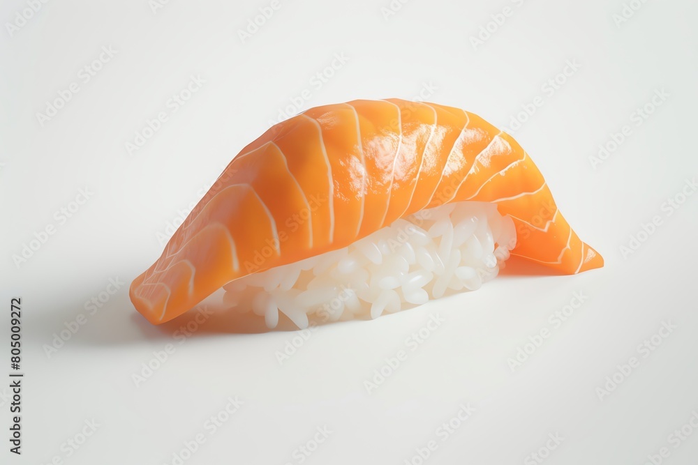 3D render of a salmon nigiri, pristine white background, vivid orange fish texture, rice grains finely detailed, soft shadow beneath for depth 3D render of a salmon nigiri, pristine white background, vivid orange fish texture, rice grains finely detailed, soft shadow beneath for depth