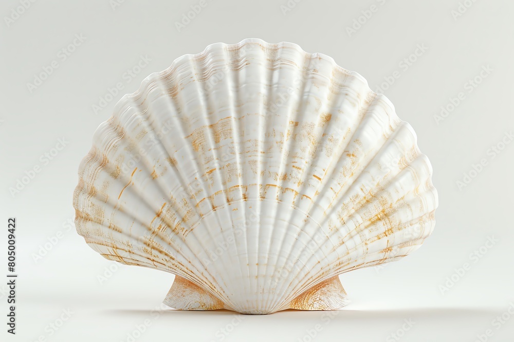 3D render of a scallop shell, pristine white background, detailed texture showcasing its ridged surface, soft lighting to highlight the subtle color gradients 3D render of a scallop shell, pristine white background, detailed texture showcasing its ridged surface, soft lighting to highlight the subtle color gradients