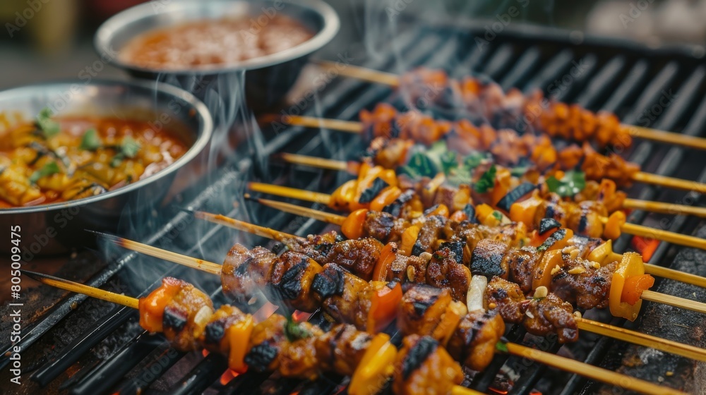 A close-up shot of colorful satay skewers sizzling on a grill, with smoke rising and a bowl of peanut sauce on the side