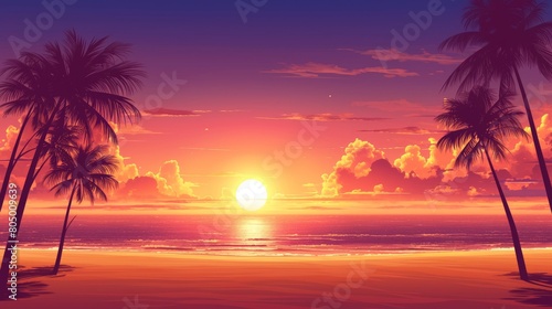 Beach Bliss: Sunrise Over Beach with Pink Sky photo