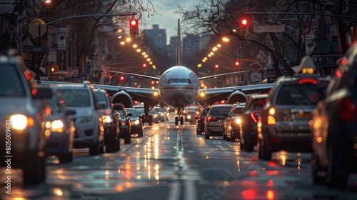 A large plane makes a difficult emergency landing on a busy city highway, a dramatic sequence with elements of aerobatics near homes and parked cars. photo