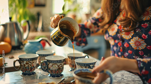 Woman pouring turkish coffee from cezve into cups in k photo