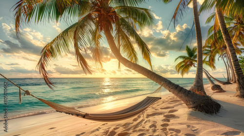 Paradise beach at sunset  swaying palms  turquoise water  hammock.