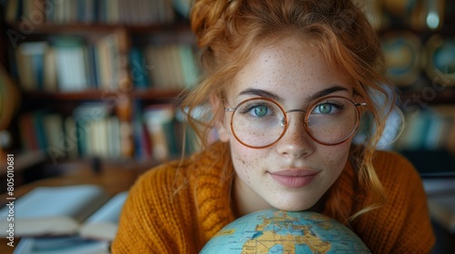The image of a studious young woman, globe in hand, underlines her dedication to academics, set against the backdrop of a book-laden classroom