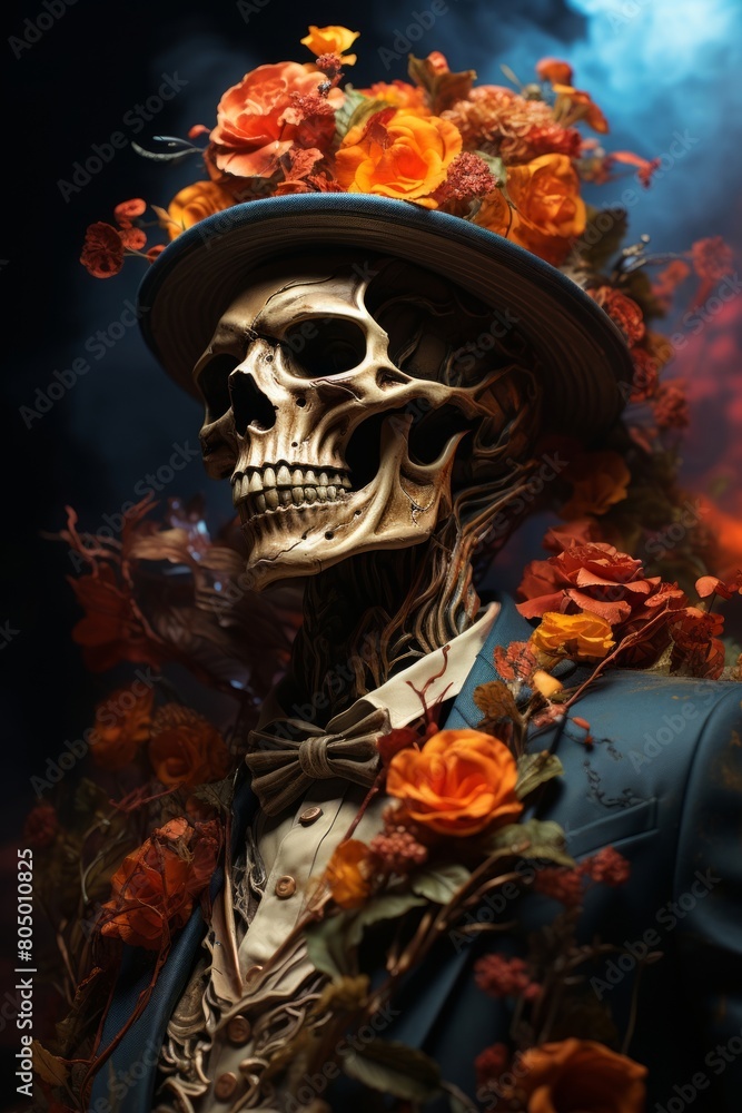 A revived skeleton makes a sartorial statement with a sharply-tailored jacket. Flowers in view, it adds a touch of aesthetic vitality to its grave resurrection.